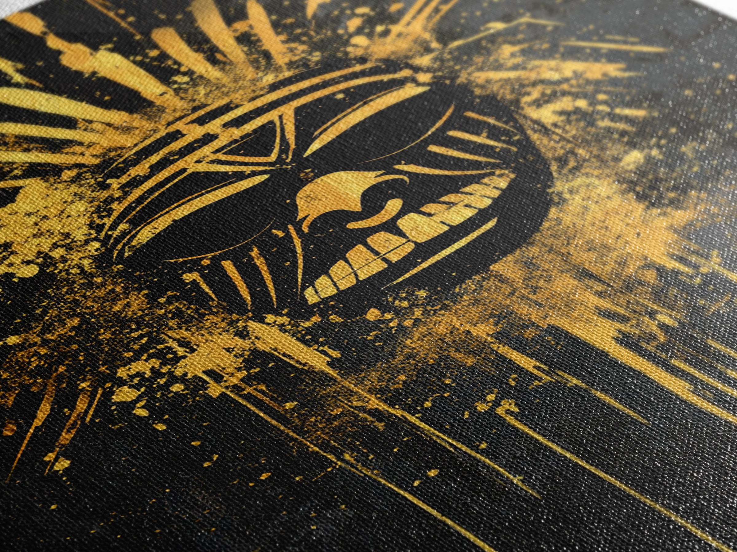 Tribal Sun Mask Gold Canvas Print, Bold Wall Art With Real Wood Frame, Cultural Decor, Splatter Style Artwork