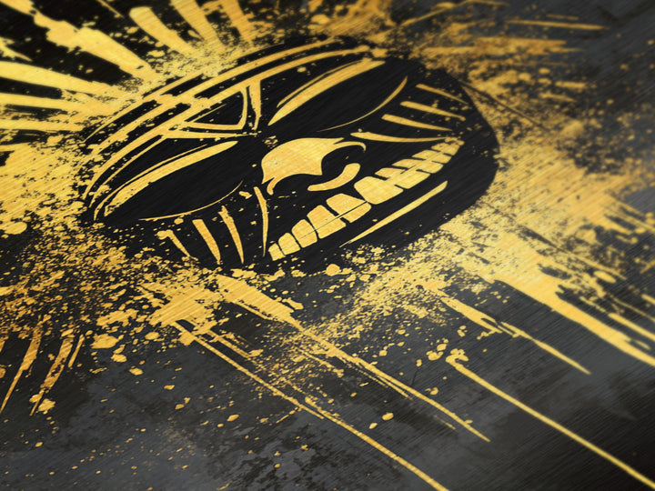 Tribal Sun Mask Metallic Gold Metal Print, Bold Wall Art With Real Wood Frame, Cultural Decor, Splatter Style Artwork