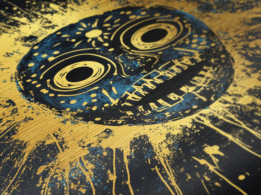 Cosmic Tribal Mask Metallic Gold Metal Print, Unique Wall Art With Real Wood Frame, Ethnic Decor, Bold Splatter Artwork