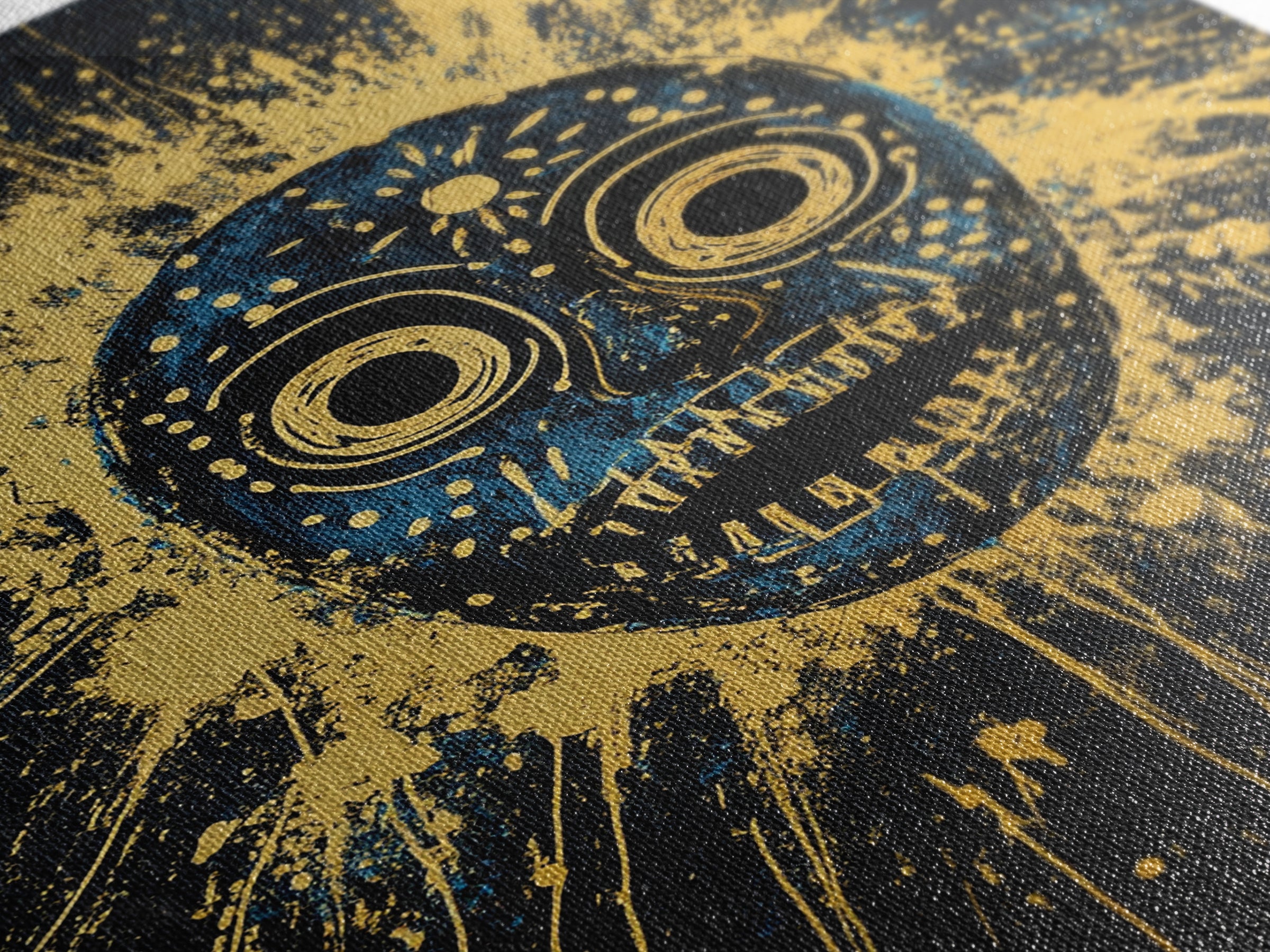 Cosmic Tribal Mask Gold Canvas Print, Unique Wall Art With Real Wood Frame, Ethnic Decor, Bold Splatter Artwork