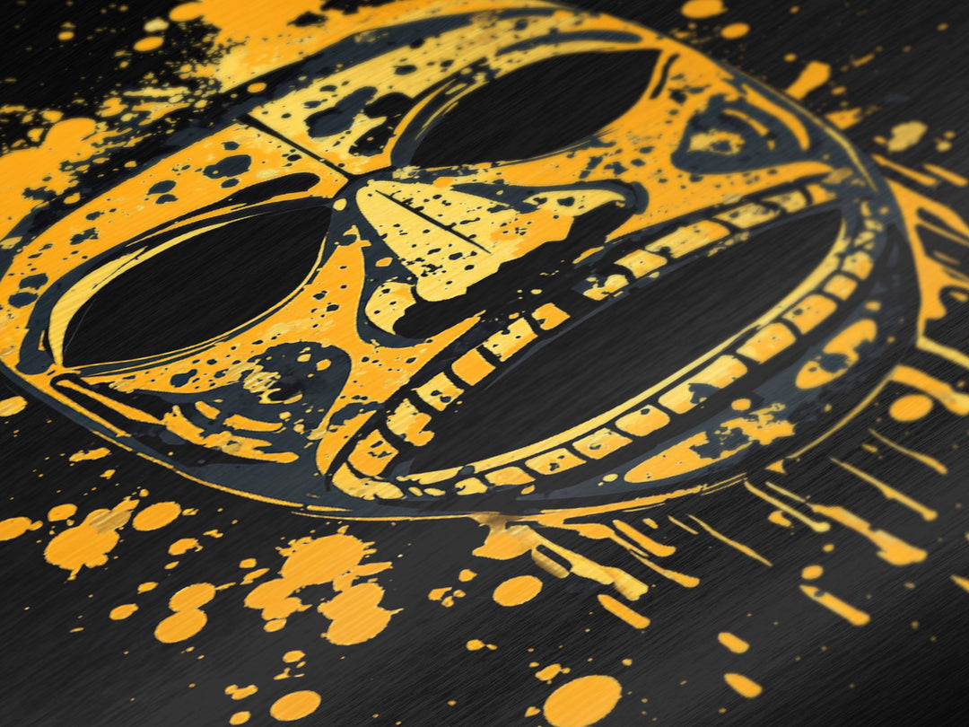Traditional Tribal Mask Metallic Gold Metal Print, Splatter Style Wall Art With Real Wood Frame, Cultural Decor Accent