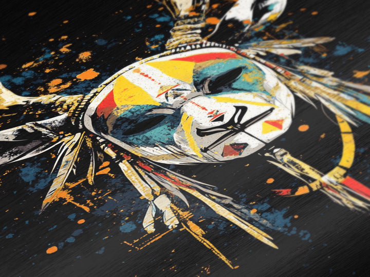 Deer Horn Mask Metallic Gold Metal Print, Tribal Wall Art With Real Wood Frame, Ethnic Splatter Style Bold Wall Accent