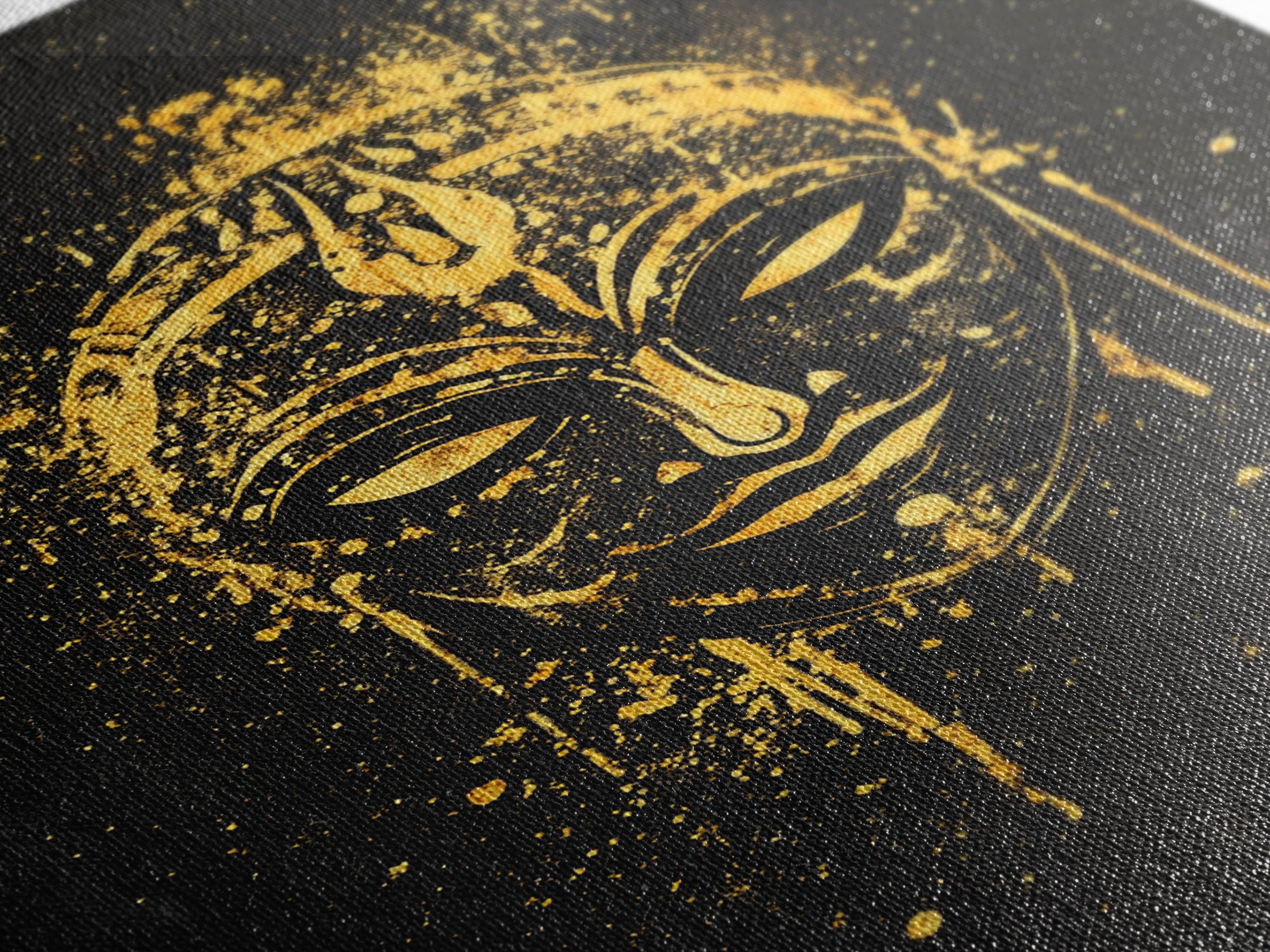 Mystical Goddess Mask Gold Canvas Art, Cultural Wall Print With Real Wood Frame, Splatter Style Decor For Bold Homes