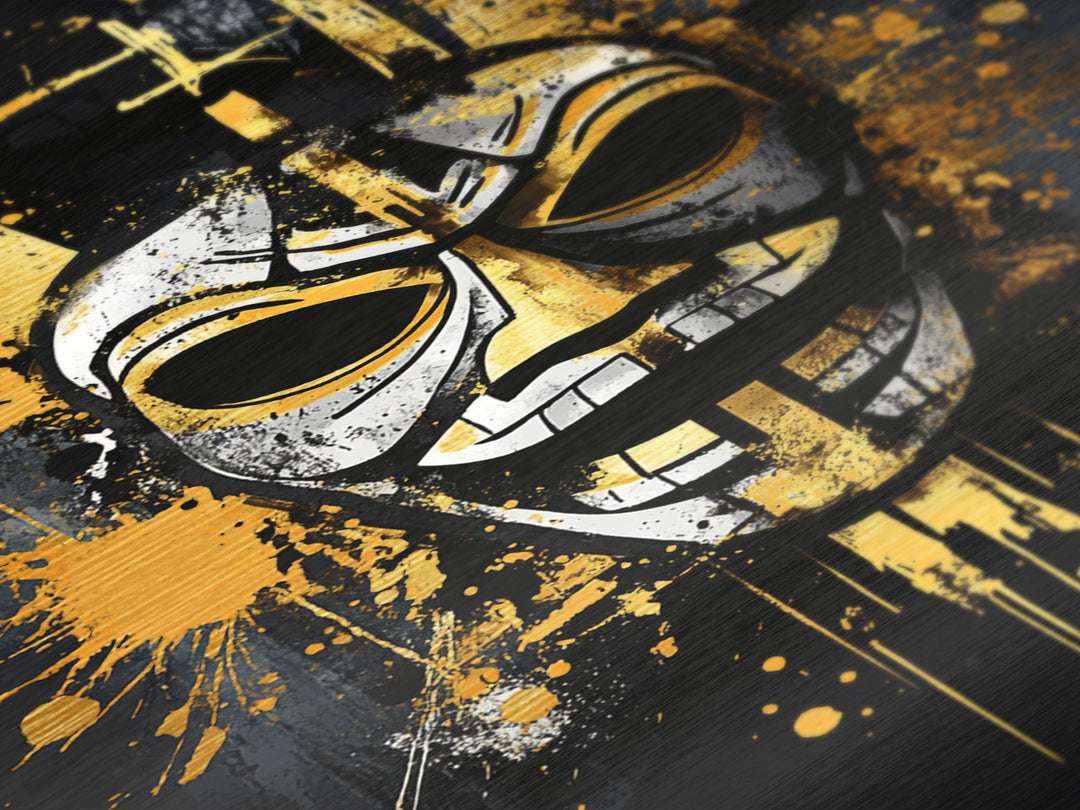 Tribal Warrior Mask Metallic Gold Metal Print, Fierce Mask Art, Bold Wall Decor, Real Wood Frame, Dramatic Splatter Effect Artwork