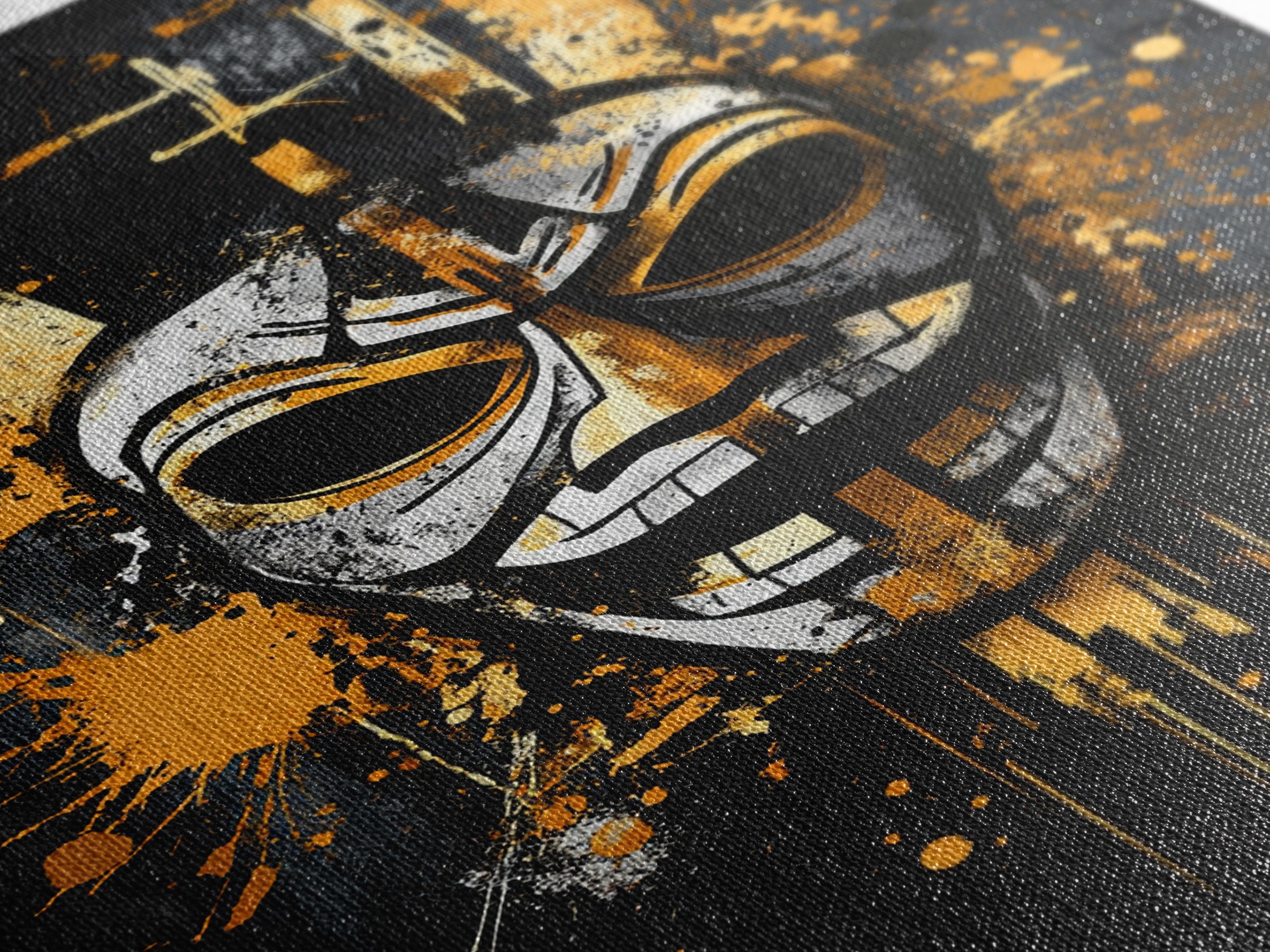 Tribal Warrior Mask Gold Canvas Print, Fierce Mask Art, Bold Wall Decor, Real Wood Frame, Dramatic Splatter Effect Artwork
