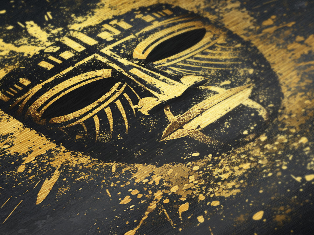 Mystical Tribal Mask Metallic Gold Metal Print, Abstract Wall Art, Bold Statement Decor, Real Wood Frame, Unique Splatter Inspired Artwork