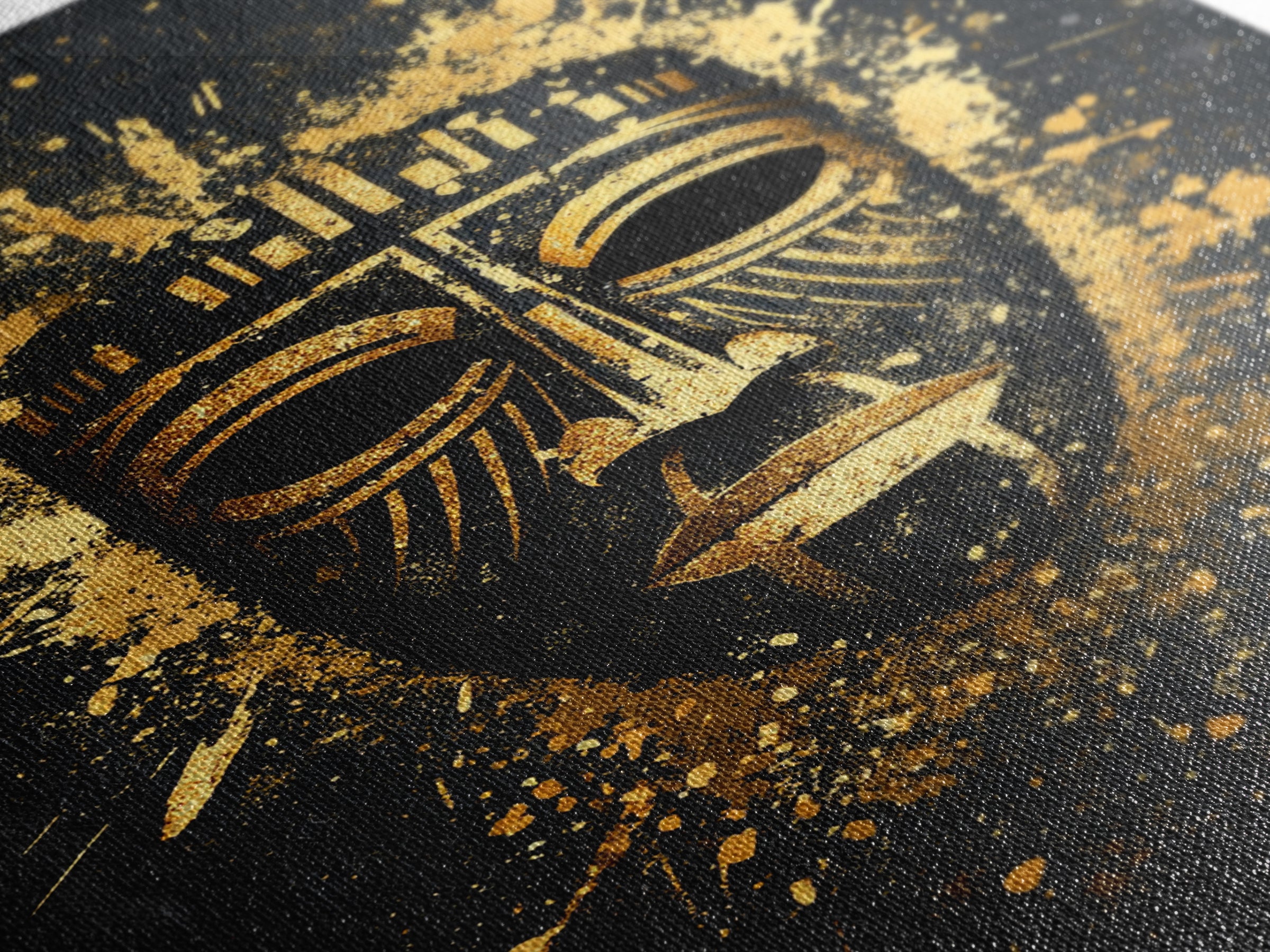 Mystical Tribal Mask Gold Canvas Print, Abstract Wall Art, Bold Statement Decor, Real Wood Frame, Unique Splatter Inspired Artwork