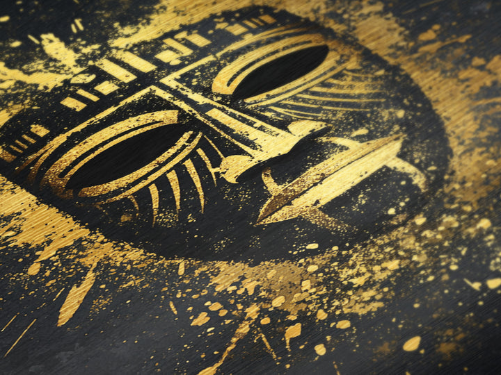 Mystical Tribal Mask Metallic Gold Metal Print, Abstract Wall Art, Bold Statement Decor, Real Wood Frame, Unique Splatter Inspired Artwork