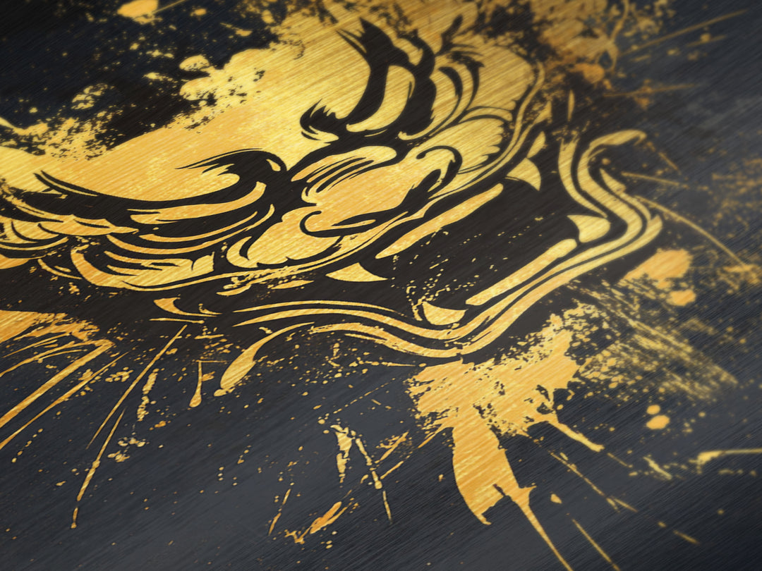 Mythical Dragon Face Metallic Gold Metal Print, Asian Inspired Art, Fierce Wall Decor, Real Wood Frame, Splatter Style Statement Artwork