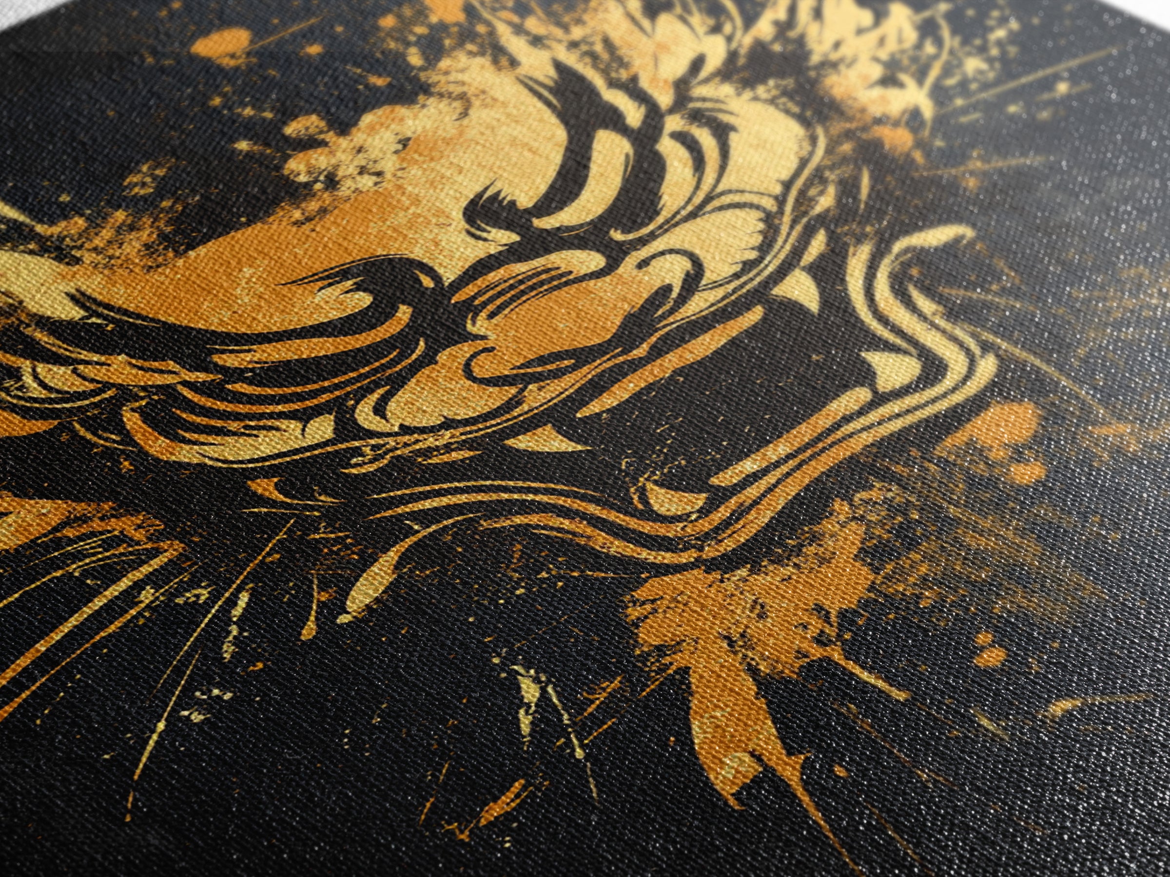 Mythical Dragon Face Gold Canvas Print, Asian Inspired Art, Fierce Wall Decor, Real Wood Frame, Splatter Style Statement Artwork