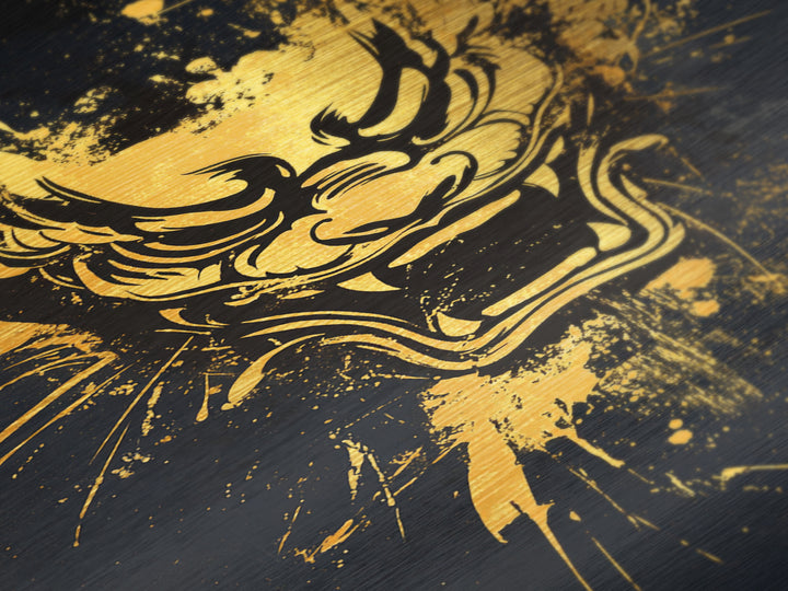 Mythical Dragon Face Metallic Gold Metal Print, Asian Inspired Art, Fierce Wall Decor, Real Wood Frame, Splatter Style Statement Artwork
