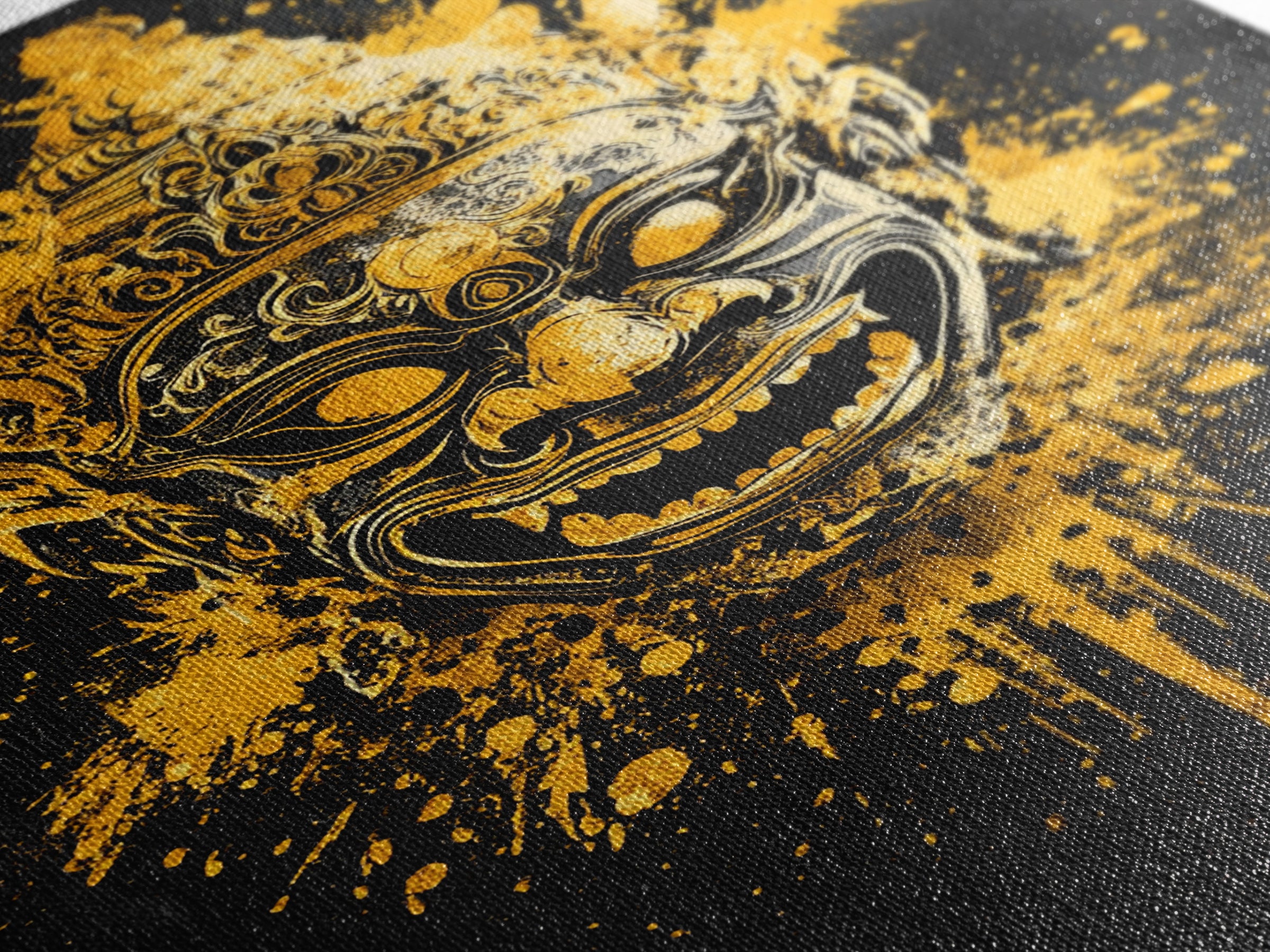 Ornamental Face Gold Canvas Print, Tribal Mask Wall Art, Real Wood Frame, Ethnic Splatter Decor, Cultural Portrait Artwork