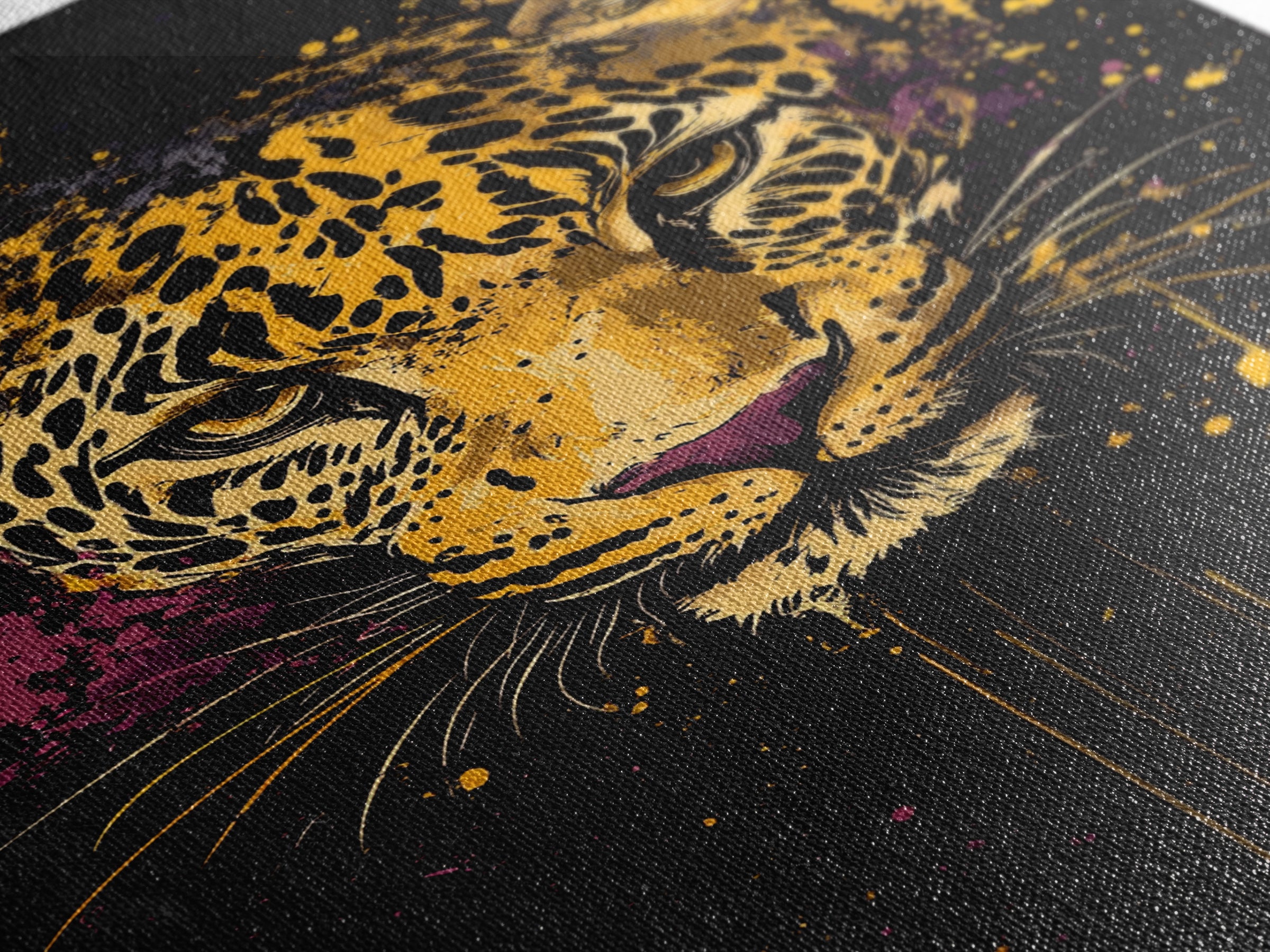 Leopard Portrait Gold Canvas Print, Tribal Animal Art, Real Wood Frame, Splatter Wildlife Decor, Bold Exotic Jungle Artwork
