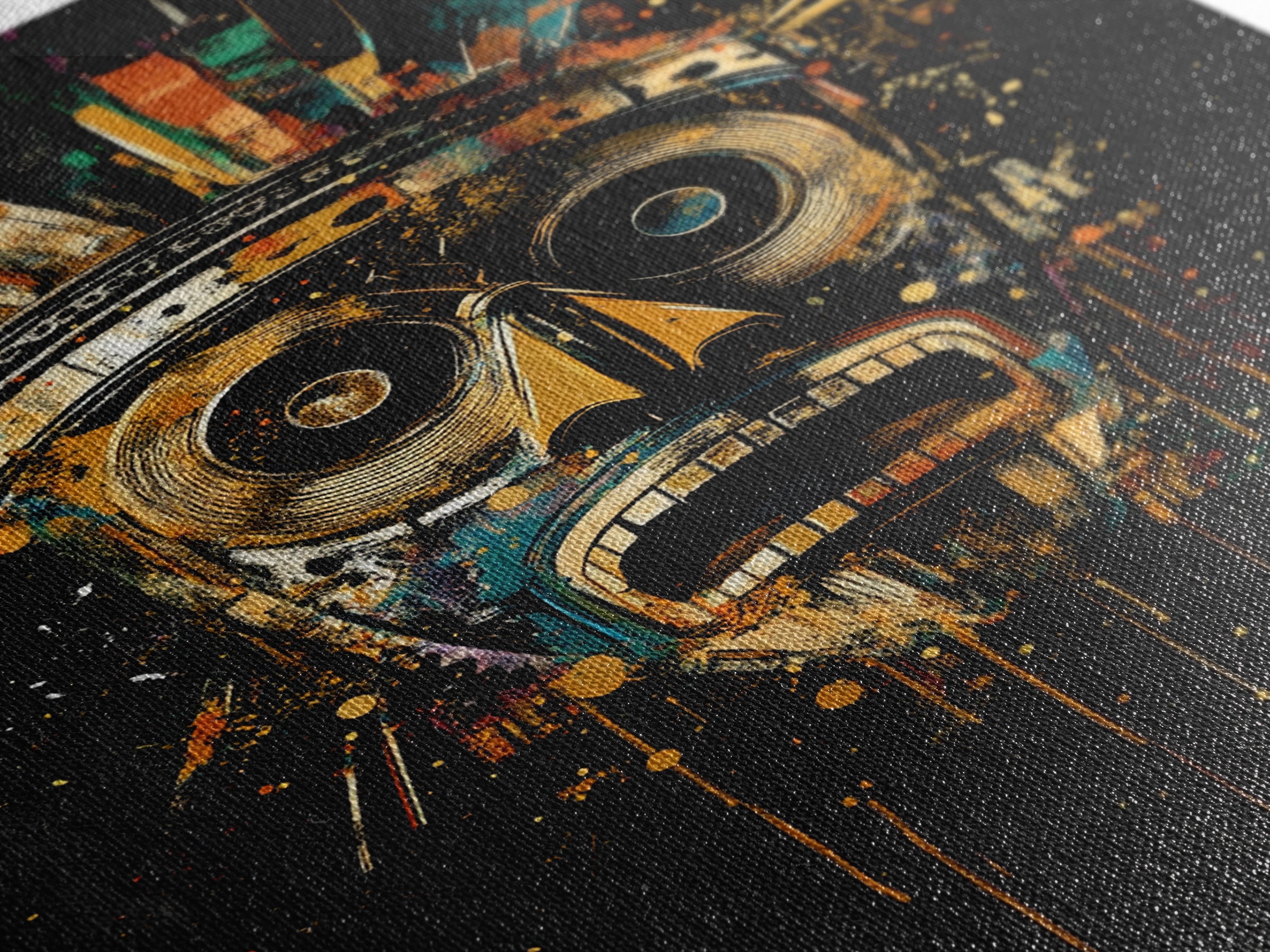 Abstract Splatter Mask Face, Gold Canvas Print, Modern Tribal Wall Art, Real Wood Frame, Contemporary Statement Decor