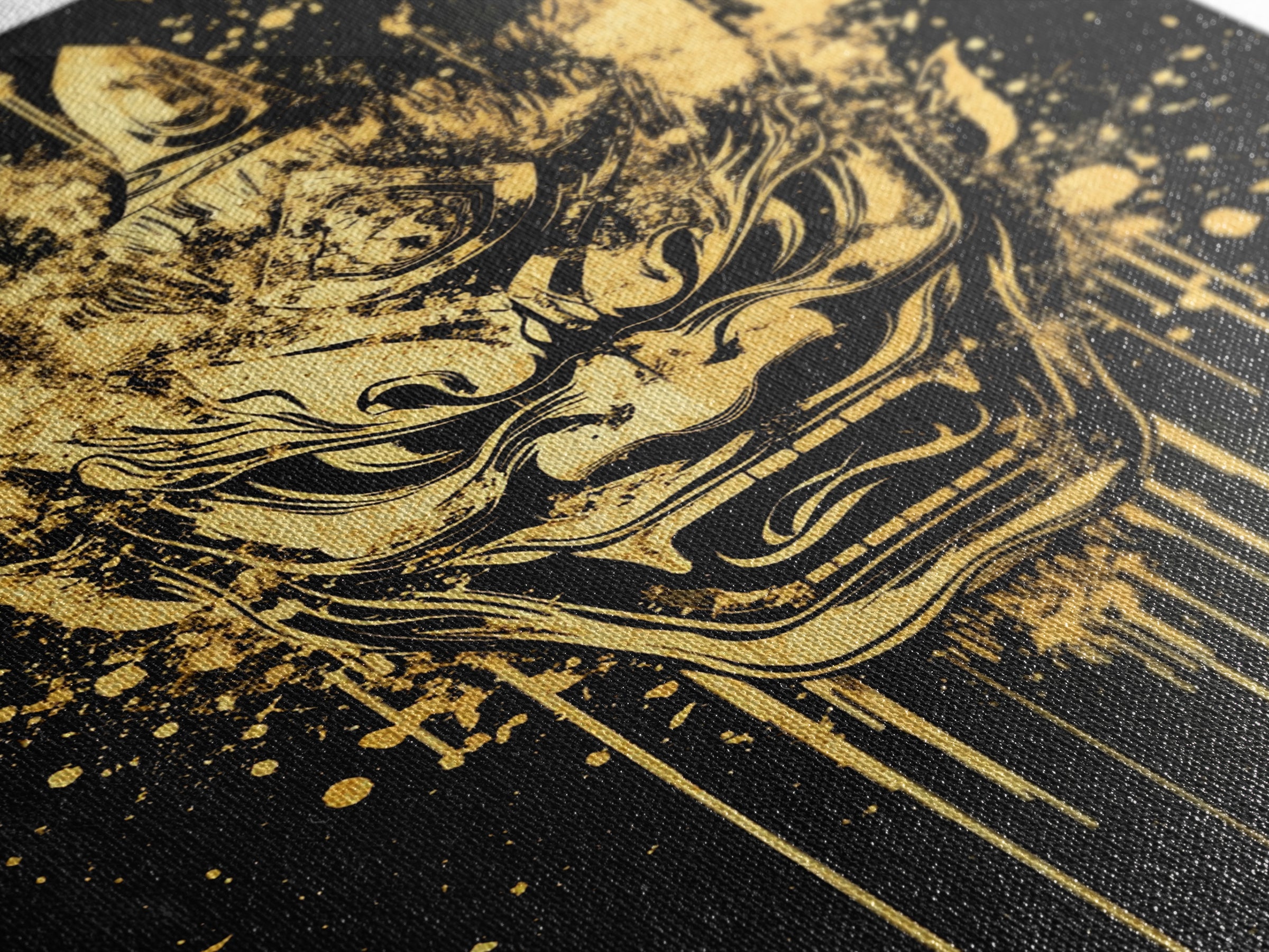 Mythical Demon Splatter Mask, Gold Canvas Print, Bold Wall Art, Real Wood Frame, Fierce Cultural Decor