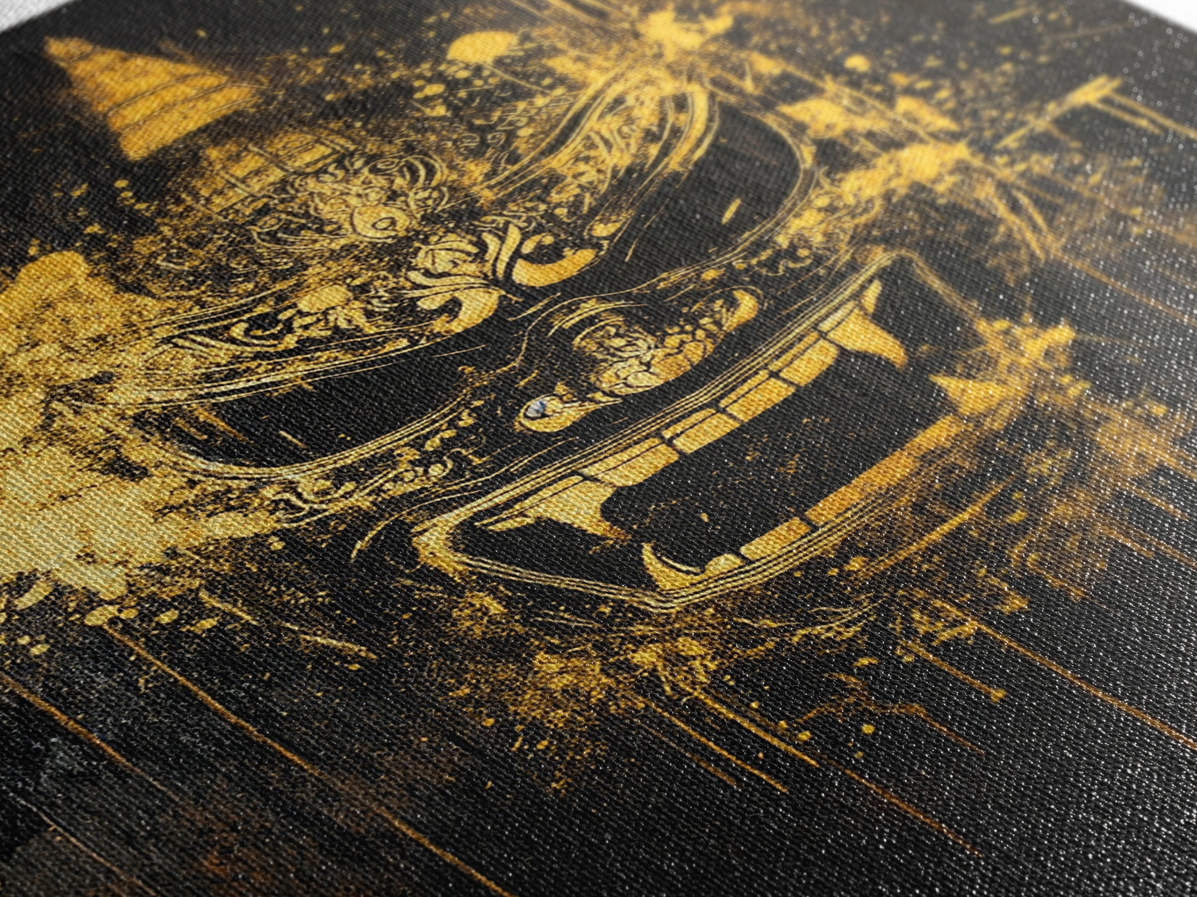 Ornate Splatter Face Mask, Gold Canvas Print, Abstract Cultural Wall Art, Real Wood Frame, Detailed Tribal Artwork