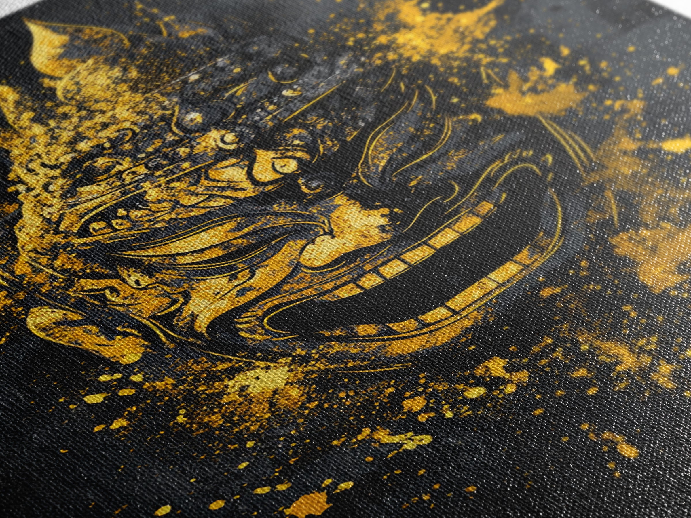 Mythical Demon Mask Gold Canvas Print, Splatter Style Wall Decor, Tribal Inspired Wall Art, Real Wood Frame, Bold Home Accent