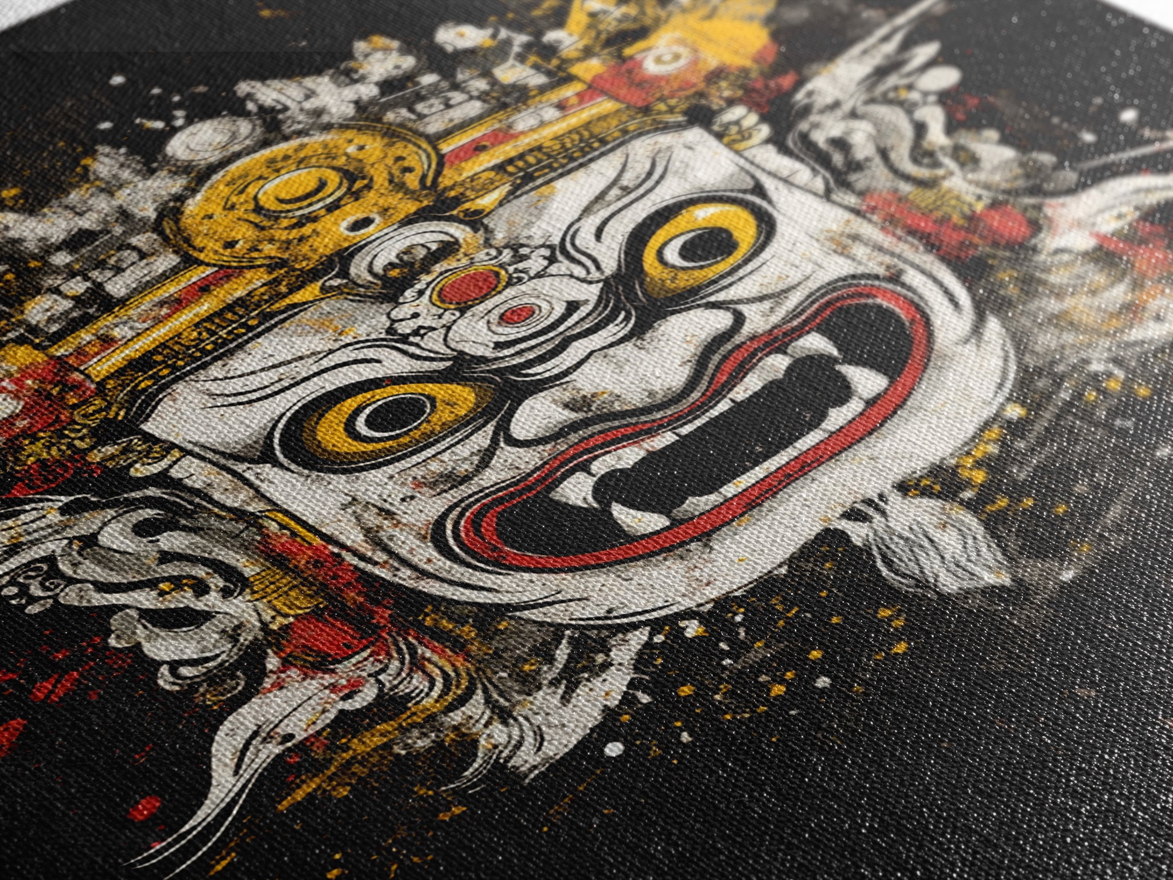 Balinese Mask Gold Canvas Print, Splatter Art Wall Decor, Mythical Cultural Wall Art, Real Wood Frame, Tribal Home Accent