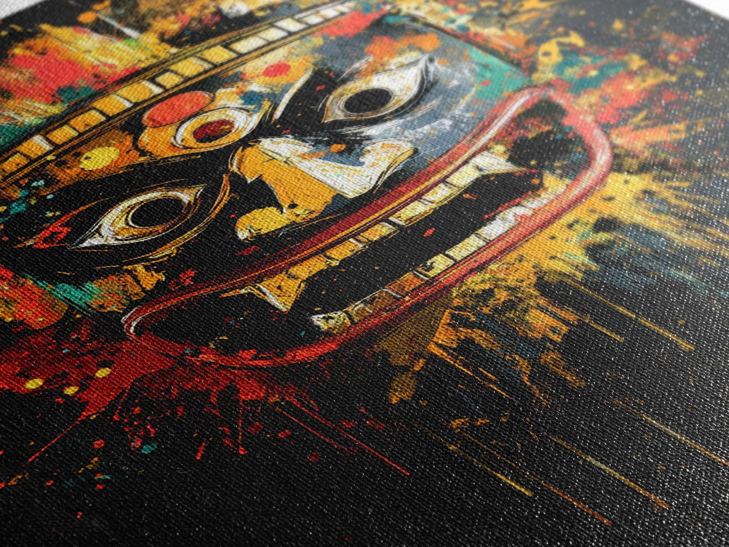Aztec Warrior Mask Gold Canvas Print, Tribal Wall Art, Splatter Style Decor, Real Wood Frame, Bold Statement Piece