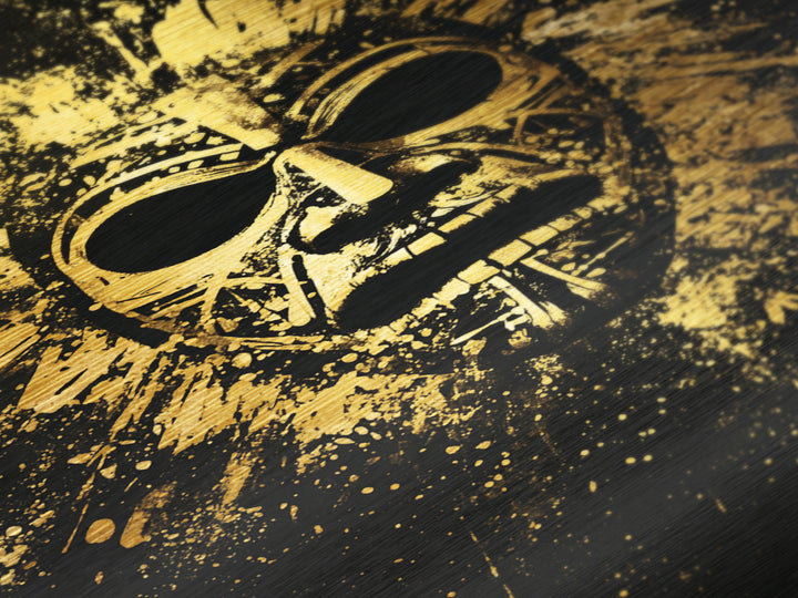 Mayan Ritual Mask Metallic Gold Metal Print, Ancient Tribal Wall Art, Splatter Paint Style, Real Wood Frame, Bold Statement Decor