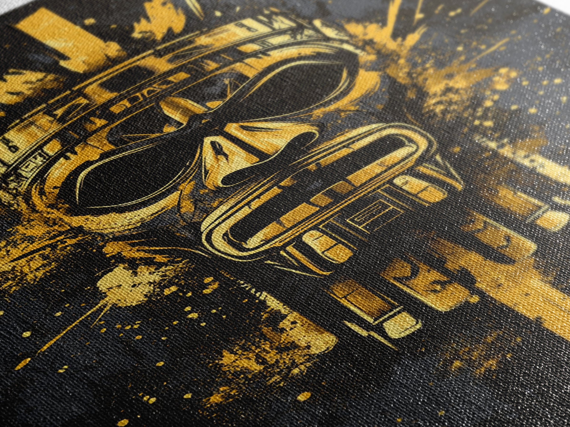 Aztec Chief Mask Gold Canvas Print, Tribal Heritage Wall Art, Splatter Ink Style, Real Wood Frame, Striking Home Accent
