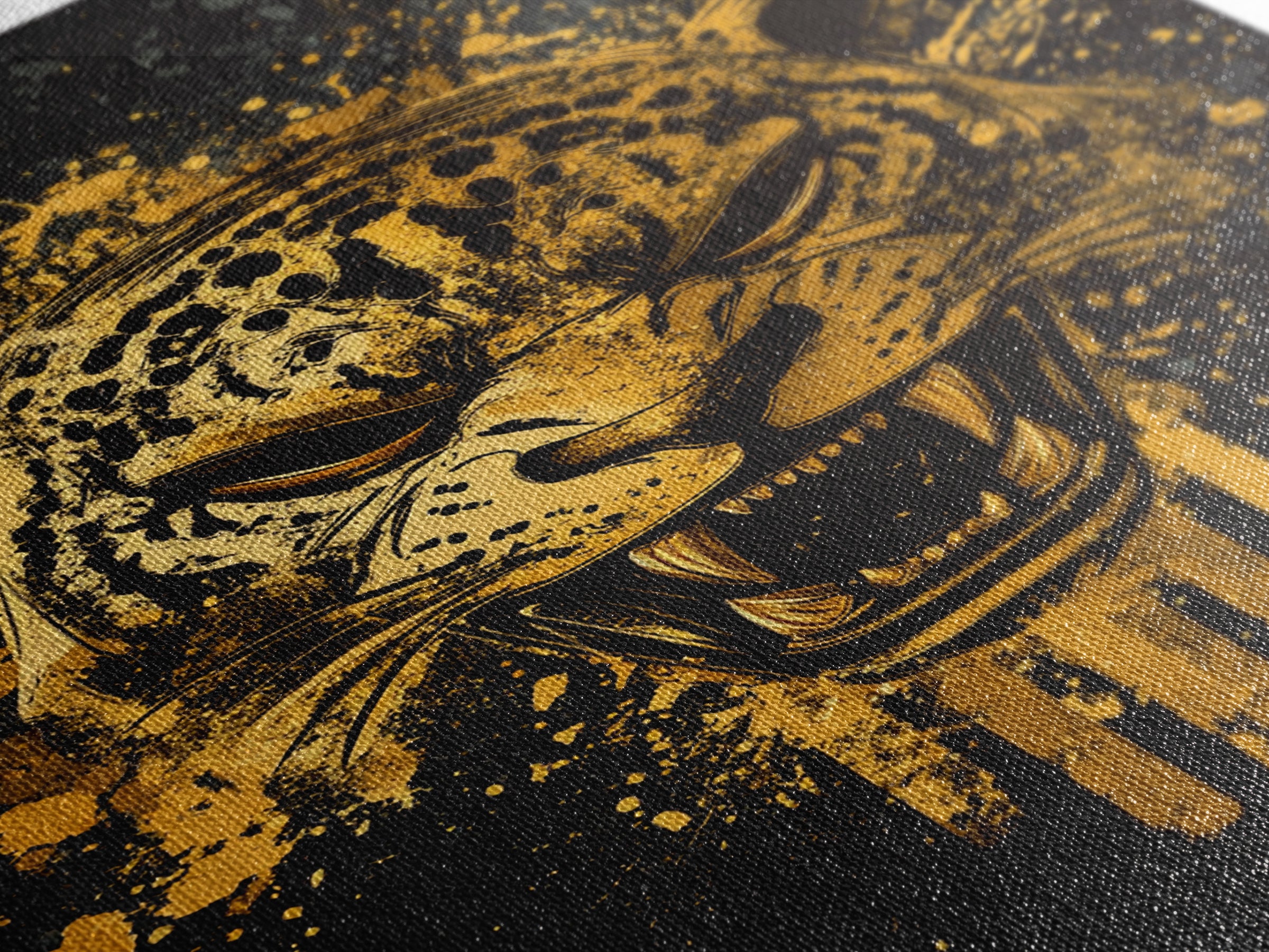 Jaguar Warrior Gold Canvas Print, Aztec Animal Spirit Wall Art, Splatter Ink Style, Real Wood Frame, Fierce Tribal Decor