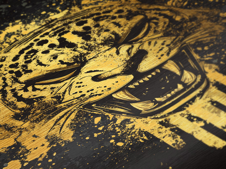 Jaguar Warrior Metallic Gold Metal Print, Aztec Animal Spirit Wall Art, Splatter Ink Style, Real Wood Frame, Fierce Tribal Decor