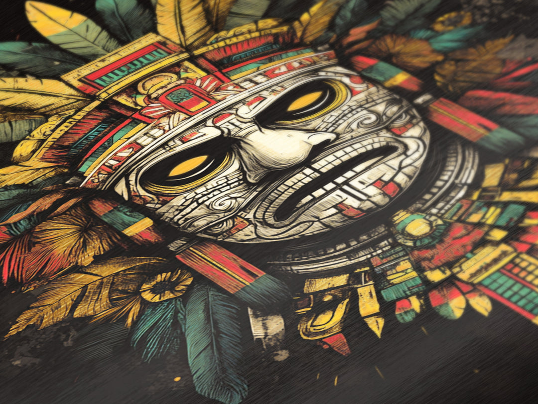 Aztec Sun God Mask Metallic Gold Metal Print, Ornate Tribal Face Artwork, Ancient Mythic Wall Hanging Decor, Real Wood Frame