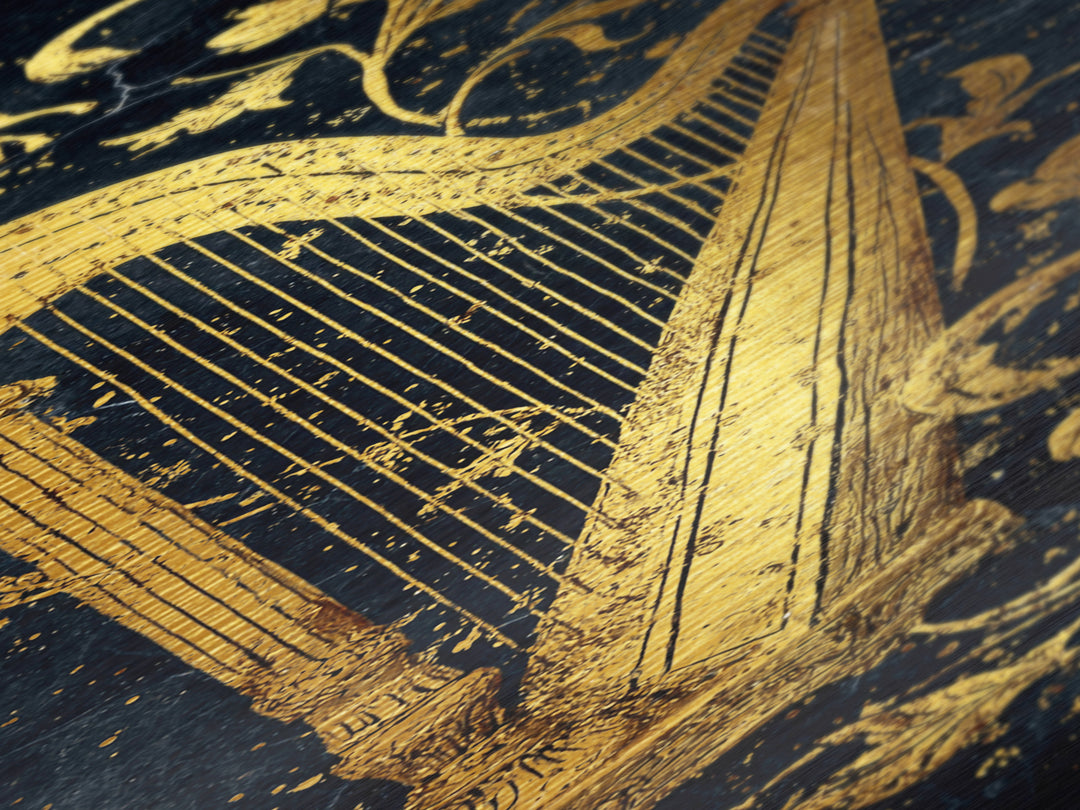 Golden Harp Nordic Wall Art, Wood Framed Metal Art, Metallic Gold Art, Gold Leaf, Gold Foil Art