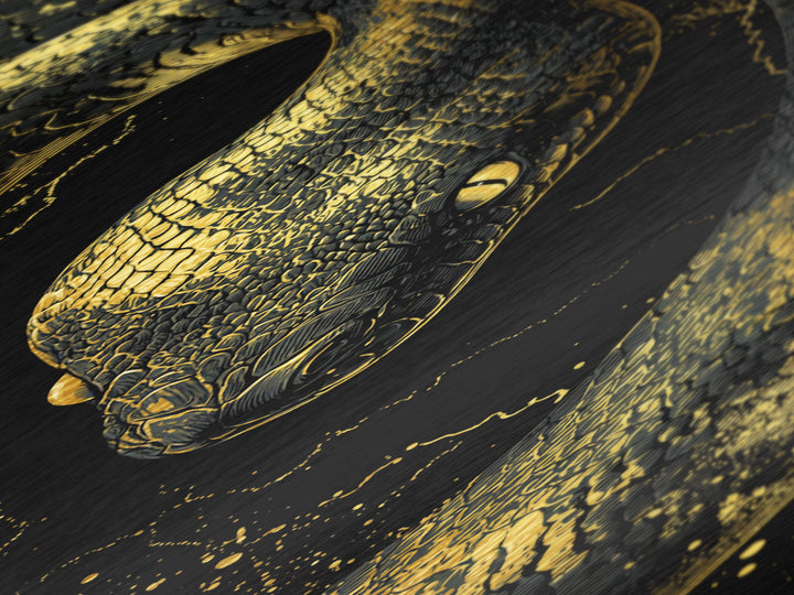 Nordic Snake Metallic Gold Art Metal Art | Viking Mythology Inspired Serpent Wall Decor | Man Cave or Dad Gift Framed in Real Wood