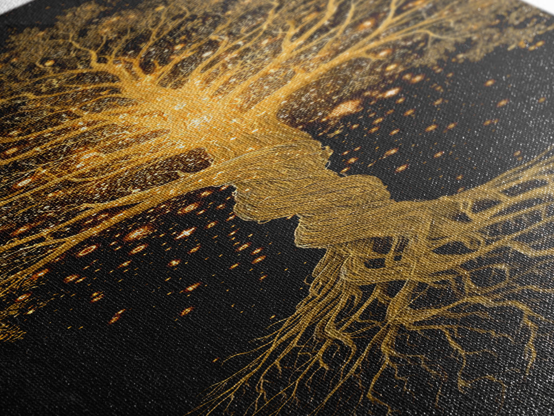 Norse Yggdrasil Canvas Gold Art Canvas Art, Nordic World Tree Wall Decor, Viking Office Art or Dad Gift with real wood frame