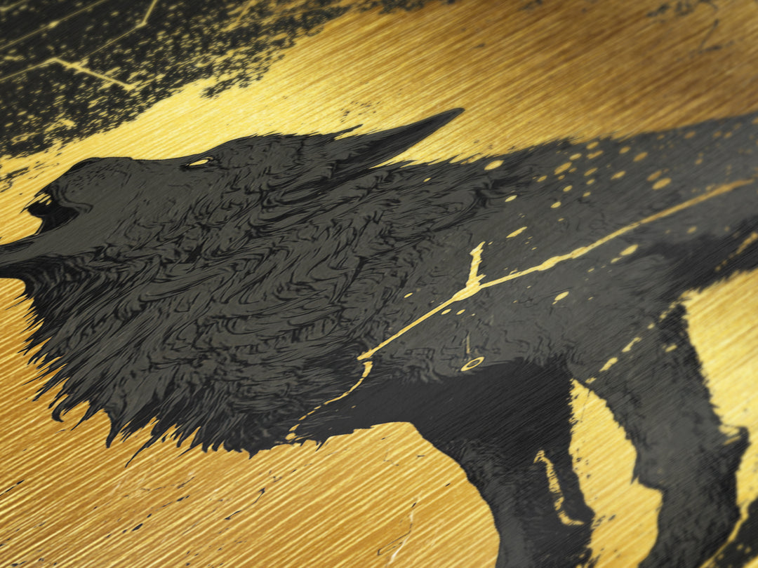Fenrir Wolf Metallic Gold Art, Norse Mythology Metal Art Depicting Legendary Wolf, Viking Office Art or Man Cave Decor with Real Wood Framing