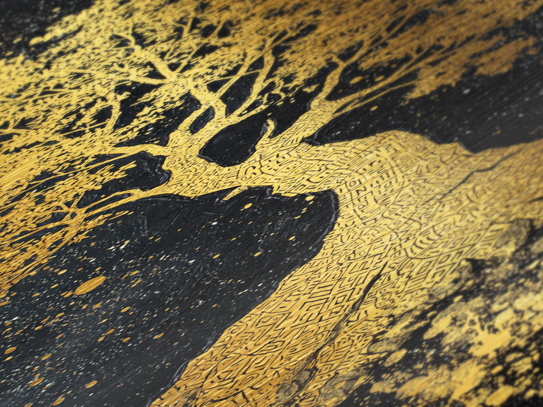 Yggdrasil Metallic Gold Art Norse World Tree, Nordic Mythology Metal Art framed in natural wood, perfect Viking man cave wall decor