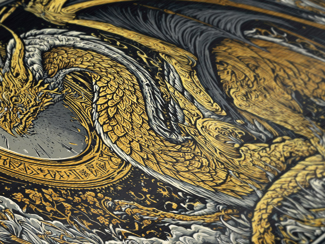 Nidhogg Dragon Metallic Gold Art Metal Art Norse Mythology Wall Decor with Real Wood Frame, Viking Man Cave or Office Gift