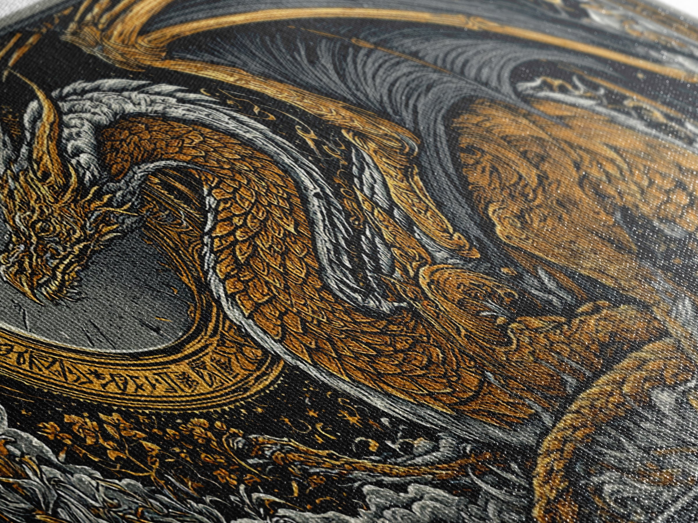 Nidhogg Dragon Canvas Gold Art Canvas Art Norse Mythology Wall Decor with Real Wood Frame, Viking Man Cave or Office Gift
