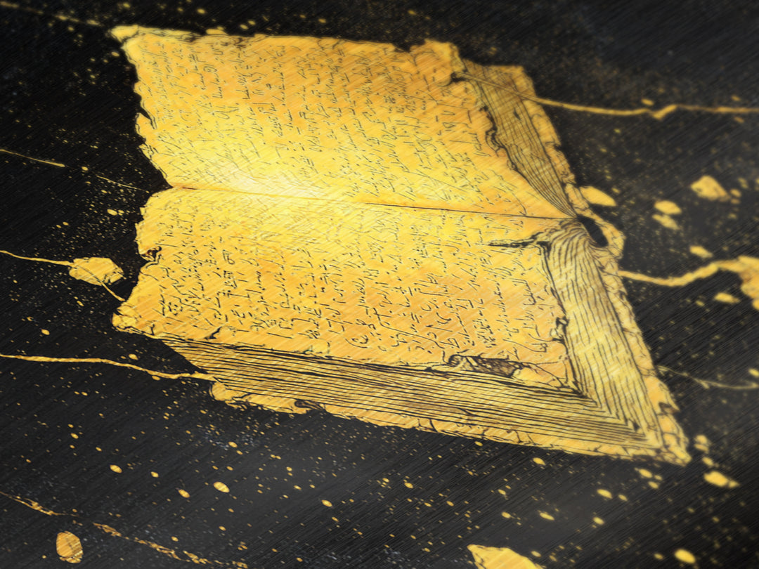 Ancient Nordic Runes Book Metallic Gold Art Metal Art with Cosmic Background, Viking Mythology Wall Decor, Real Wood Frame