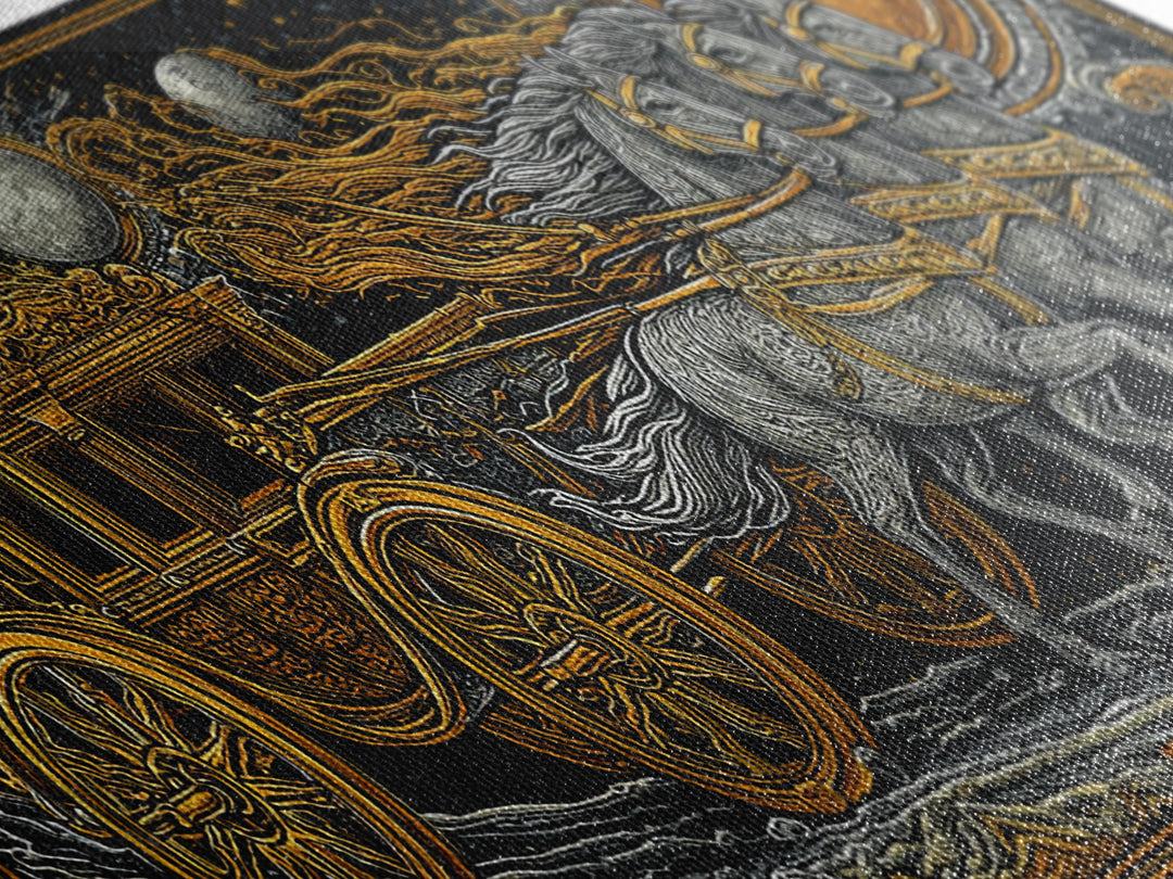Chariot of Sol Norse Canvas Gold Art, Nordic Mythology Canvas Art Wall Hanging, Viking Decor for Office or Dad Gift, framed in wood