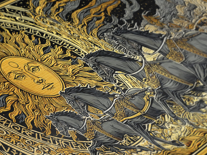 Sun Chariot of Sol Metallic Gold Art, Norse Mythology Metal Art Wall Hanging, Viking Decor for Dad Gift, framed in authentic wood
