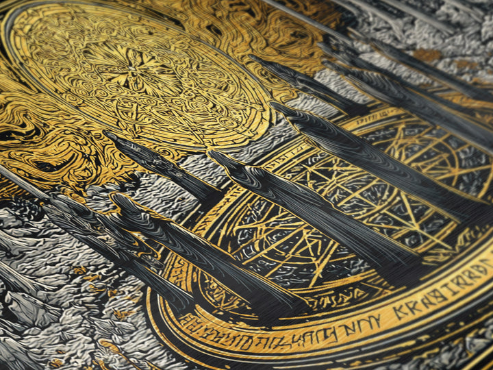 Nordic Ritual Circle Metallic Gold Art, Mythology Inspired Metal Art, Mystical Office Wall Decor with Real Wood Framing