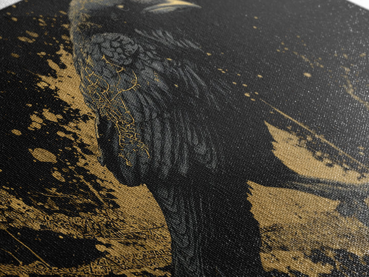 Viking Raven Canvas Gold Art Canvas Art Norse Wall Decor with Real Wood Frame, Nordic Mythology Office or Dad Gift Artwork