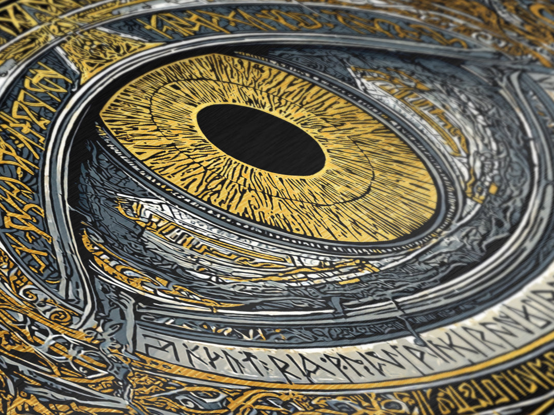 Odin’s Eye Metallic Gold Art Nordic Metal Art Norse Mythology Wall Decor framed in natural wood, Man Cave Gift, Office Art