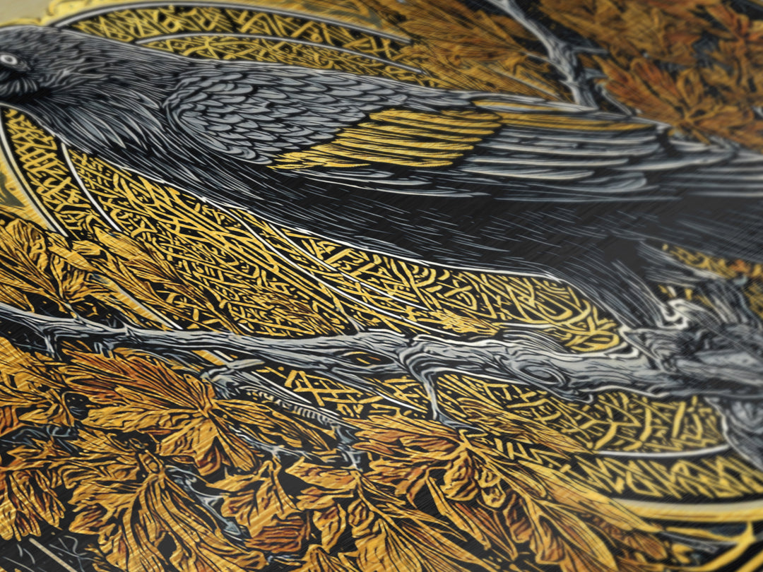 Norse Raven Perched Metallic Gold Art Metal Art with Runes and Autumn Leaves, Framed in Real Wood, Viking Office or Man Cave