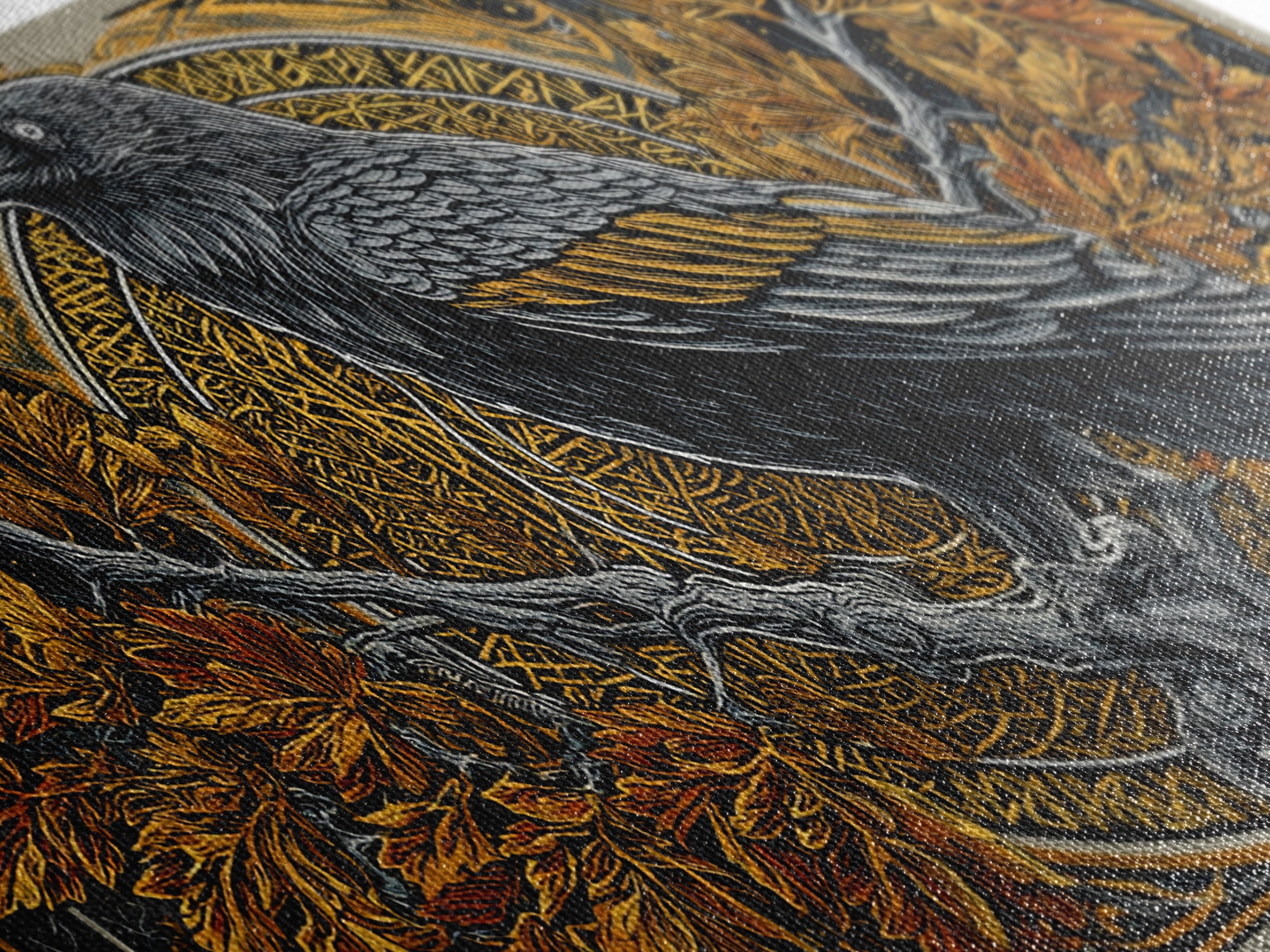 Norse Raven Perched Canvas Gold Art Canvas Art with Runes and Autumn Leaves, Framed in Real Wood, Viking Office or Man Cave