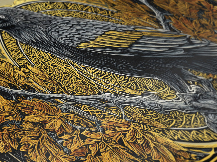 Norse Raven Perched Metallic Gold Art Metal Art with Runes and Autumn Leaves, Framed in Real Wood, Viking Office or Man Cave