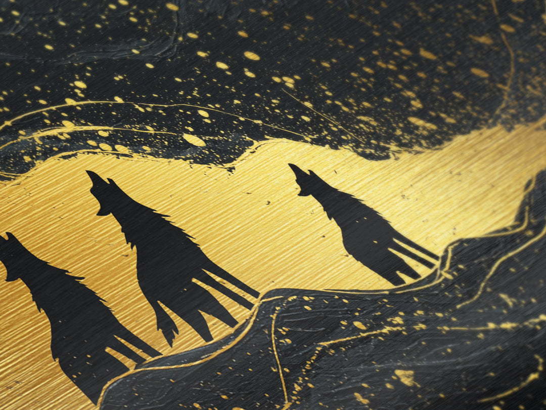 Howling Wolves Metallic Gold Art Norse Metal Art Nordic Mythology Wall Decor with real wood frame, Man Cave Accent, Office Art