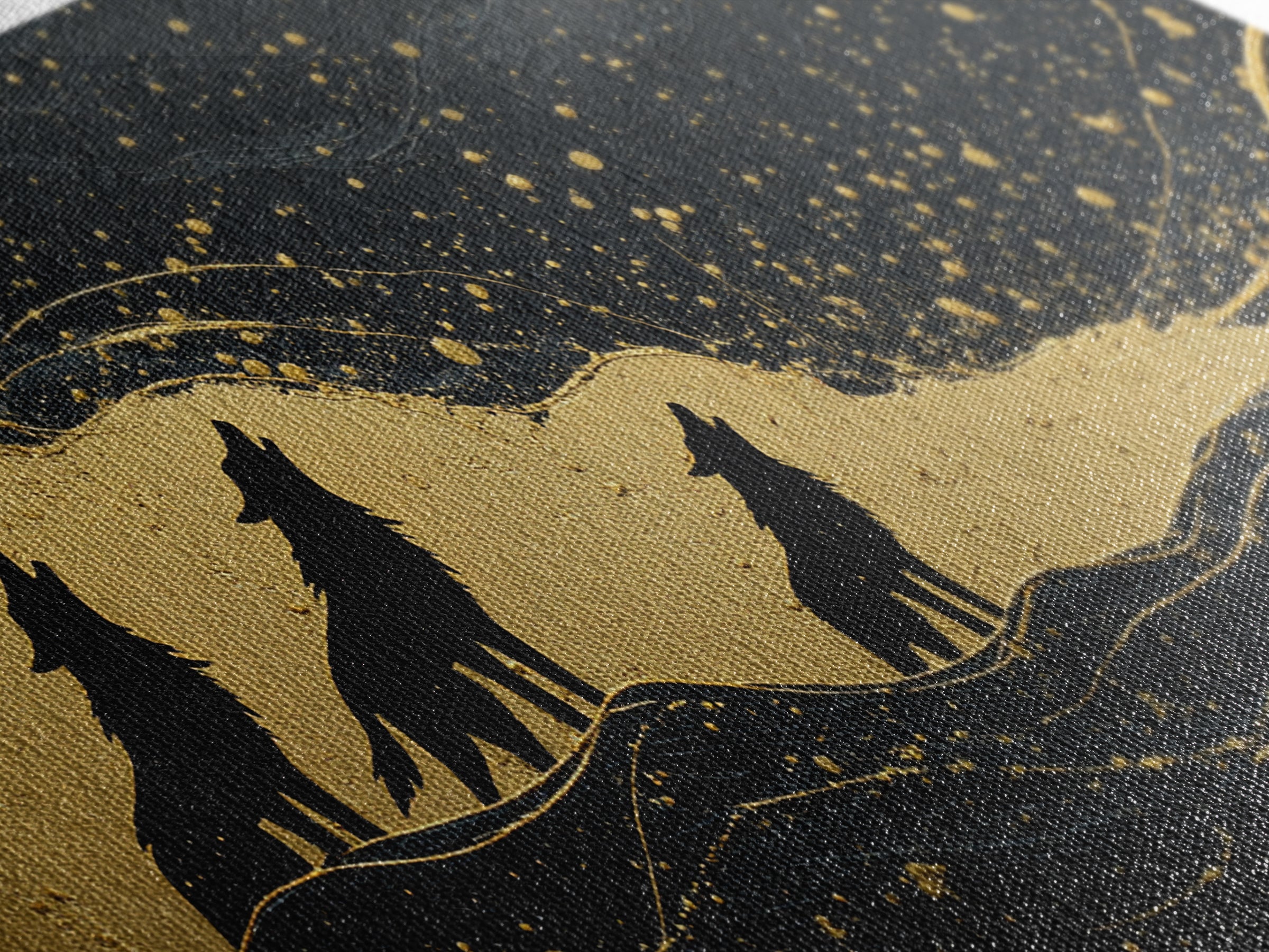 Howling Wolves Canvas Gold Art Norse Canvas Art Nordic Mythology Wall Decor with real wood frame, Man Cave Accent, Office Art