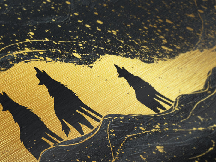 Howling Wolves Metallic Gold Art Norse Metal Art Nordic Mythology Wall Decor with real wood frame, Man Cave Accent, Office Art