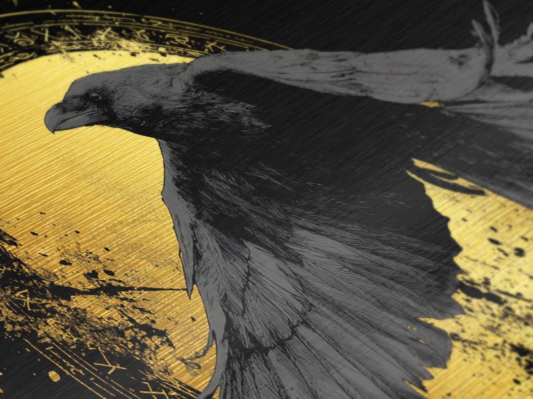Raven of Odin Metallic Gold Art Norse Mythology Metal Art Nordic Wall Decor framed in real wood, Man Cave Viking Office Gift