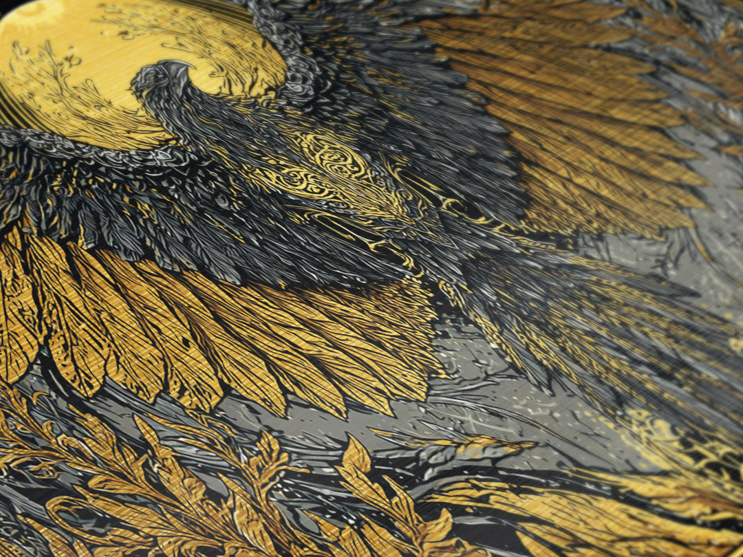 Valkyrie Eagle Metallic Gold Art Metal Art Norse Wall Hanging with Spreading Wings, Natural Wood Frame, Nordic Mythology Gift