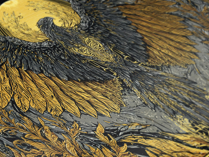 Valkyrie Eagle Metallic Gold Art Metal Art Norse Wall Hanging with Spreading Wings, Natural Wood Frame, Nordic Mythology Gift
